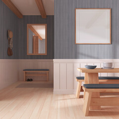 Minimalist dining room in white and gray tones with wooden table and frame mockup. Parquet and wallpaper. Japandi interior design