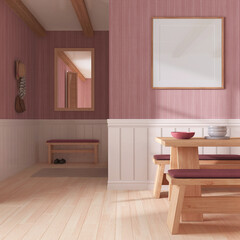 Minimalist dining room in white and red tones with wooden table and frame mockup. Parquet and wallpaper. Japandi interior design