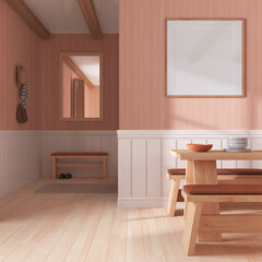 Fototapeta na wymiar Minimalist dining room in white and orange tones with wooden table and frame mockup. Parquet and wallpaper. Japandi interior design
