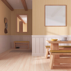 Fototapeta na wymiar Minimalist dining room in white and yellow tones with wooden table and frame mockup. Parquet and wallpaper. Japandi interior design