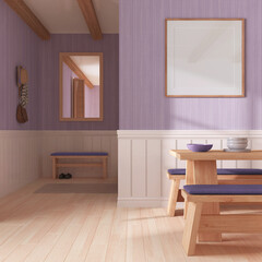 Fototapeta na wymiar Minimalist dining room in white and purple tones with wooden table and frame mockup. Parquet and wallpaper. Japandi interior design