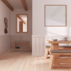 Blurred background, minimalist dining room with wooden table, parquet and frame mockup. Japandi interior design