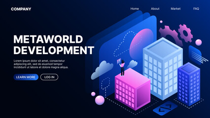 Metaworld Development. Metaverse. Landing Page Template. Vector illustration