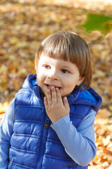Portrait of happy preschooler in autumn park. Happy childhood concept