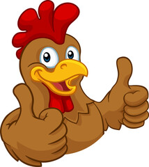 A chicken cartoon rooster cockerel character mascot giving a thumbs up.
