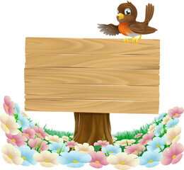 A robin bird cartoon wooden background sign