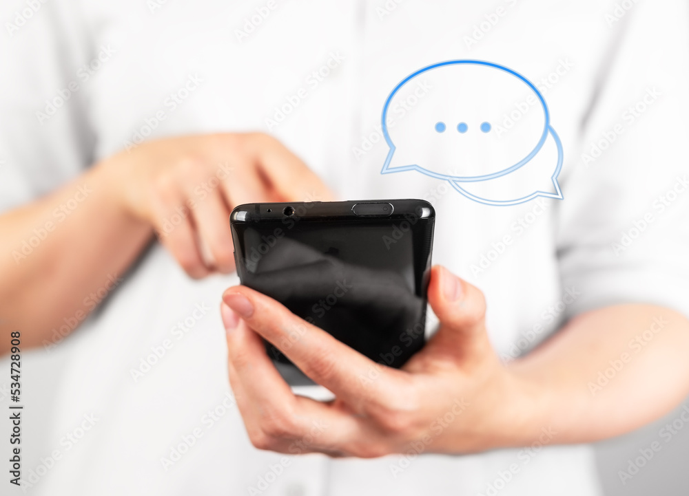 Poster sending online message, sms, texting using mobile phone
