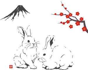 富士山と梅と兎　卯年の年賀状素材
