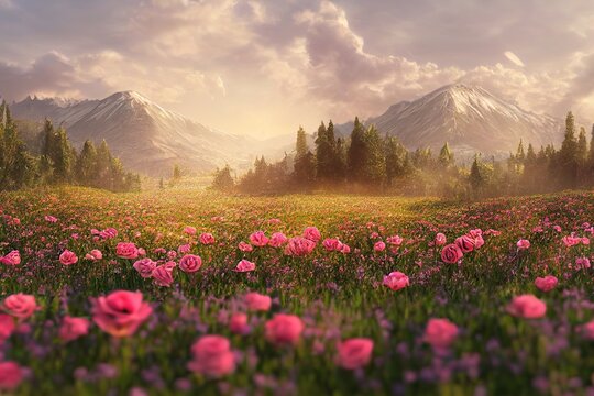 Natural beauty podium backdrop with spring rose flower field