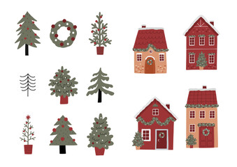 Cute Christmas House with decor. New Year and Christmas attributes vector flat illustration. Traditional winter holidays.