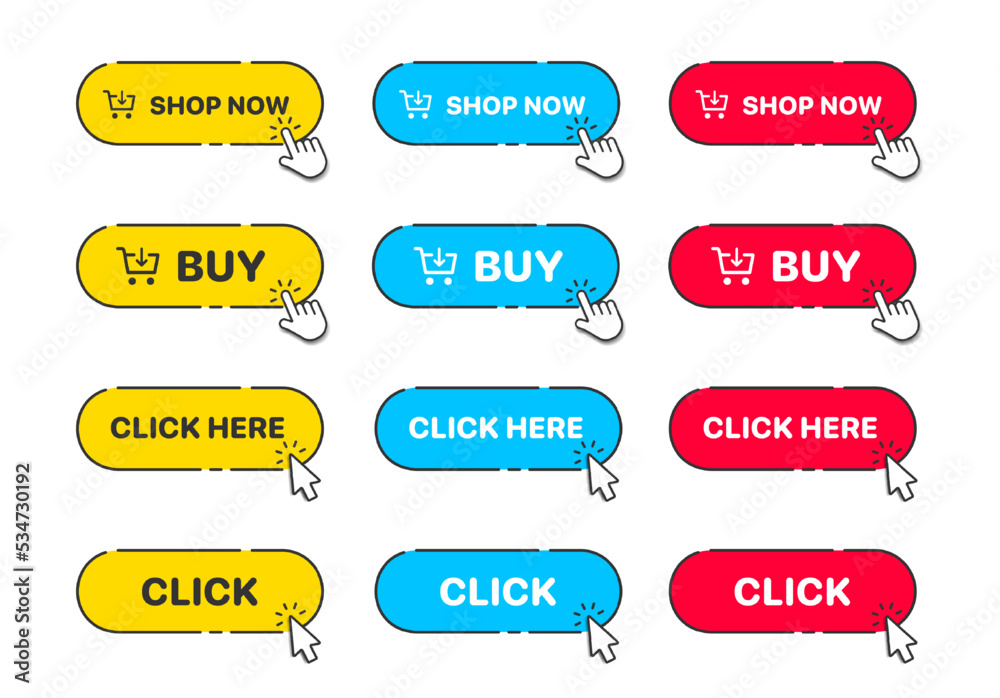 Poster 3d click here web buttons. Set of action button, hand cursor and arrow pointing click link buttons. Add to cart, shop now buttons. Online shopping icons for UI UX website, mobile app.