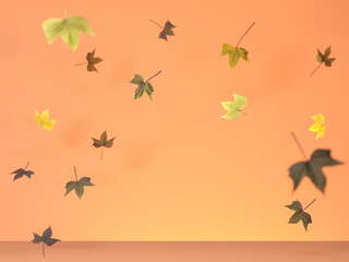 Autumn decorations on a pastel background. Podium or stand with falling leaf for product display or fall holiday advertising. 3d illustration for fall.