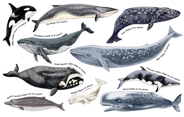 Illustration of whales on a white background. - 534730188