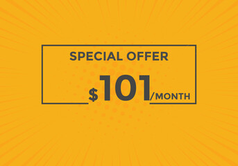 $101 USD Dollar Month sale promotion Banner. Special offer, 101 dollar month price tag, shop now button. Business or shopping promotion marketing concept