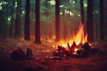 Burning fire in the forest. Beautiful landscape of nature. and trees. Sparks and flames. Rest by...