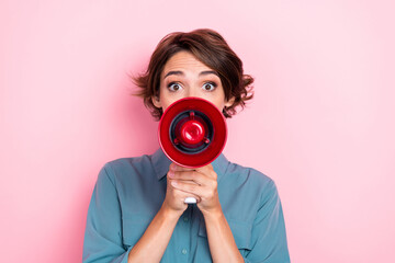 Photo of nice pretty girl arms hold loudspeaker speak isolated on pink color background