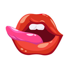 Red lips. Female sexy smile with white teeth, woman biting lip, showing kiss expression or tongue. Vector illustration for glamour, lipstick, emotions, comics concept