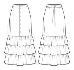 Tiered Skirts technical fashion illustration. Set of Skirts fashion flat sketch template, ruffled, maxi lengths, button up, zip up, front view, white, CAD mockup set.
