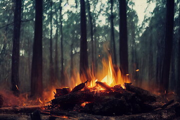 Burning fire in the forest. Beautiful landscape of nature. and trees. Sparks and flames. Rest by the fire. Camping in the woods
