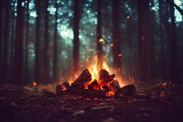 Burning fire in the forest. Beautiful landscape of nature. and trees. Sparks and flames. Rest by...