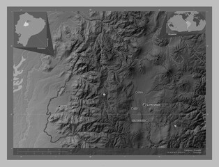 Cotopaxi, Ecuador. Grayscale. Labelled points of cities