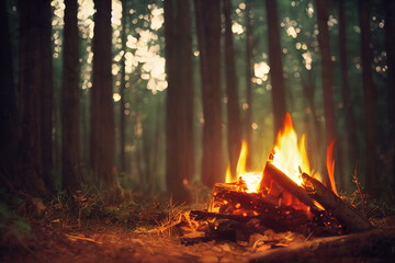 Burning fire in the forest. Beautiful landscape of nature. and trees. Sparks and flames. Rest by the fire. Camping in the woods