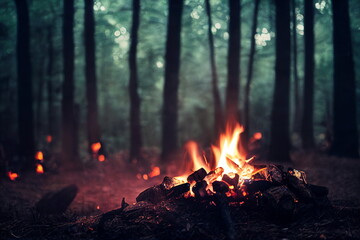 Burning fire in the forest. Beautiful landscape of nature. and trees. Sparks and flames. Rest by the fire. Camping in the woods
