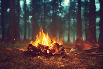 Burning fire in the forest. Beautiful landscape of nature and trees. Sparks and flames. Rest by the fire. Camping in the woods