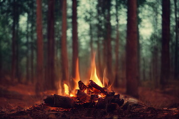 Burning fire in the forest. Beautiful landscape of nature. and trees. Sparks and flames. Rest by...