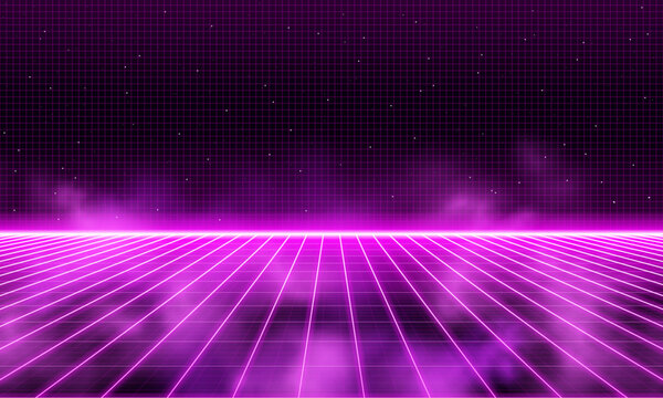 Retro cyberpunk style 80s Sci-Fi Background Futuristic with laser grid landscape in fog or smoke. Digital cyber surface style of the 1980`s. 3D illustration	
