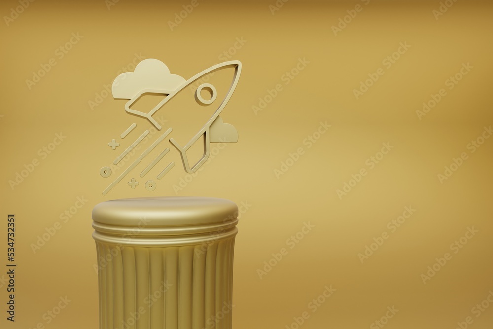 Poster Beautiful abstract illustrations Golden Rocket symbol icons on a golden column and wonderful background. 3d rendering illustration. Background pattern for design.