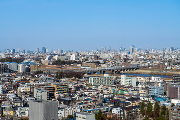 Fototapeta na wymiar Panoramic view of Tokyo and Kawasaki area city view at daytime. 