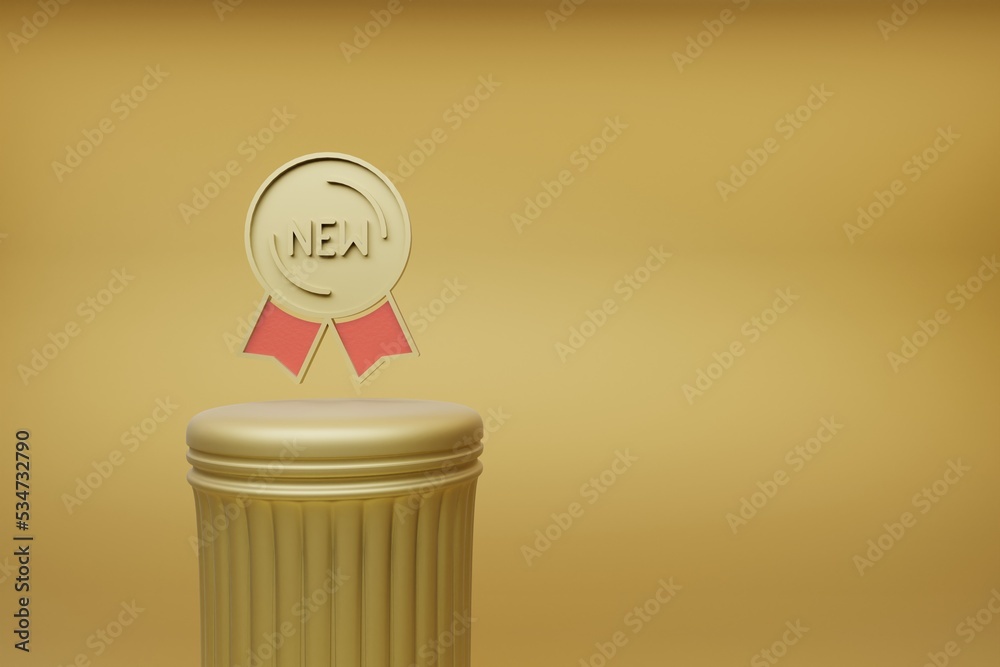 Aufkleber Beautiful abstract illustrations Golden badge NEW symbol icons on a golden column and wonderful background. 3d rendering illustration. Background pattern for design.