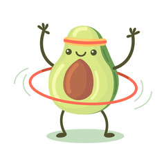 Happy cute avocado exercising flat for web design. Avocado fruit character in gym isolated vector illustration. Fitness workout and sport activity concept