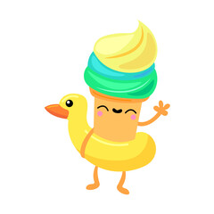 Summer ice cream sticker. Beach party element, ice cream, rubber ring, watermelon, tropical cocktail. Vector illustration