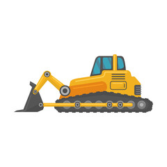 Yellow construction trucks flat vehicle. Cartoon excavators, crane trucks, tractors and bulldozers isolated vector illustration. Building machines and industry concept