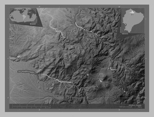 Imbabura, Ecuador. Grayscale. Labelled points of cities