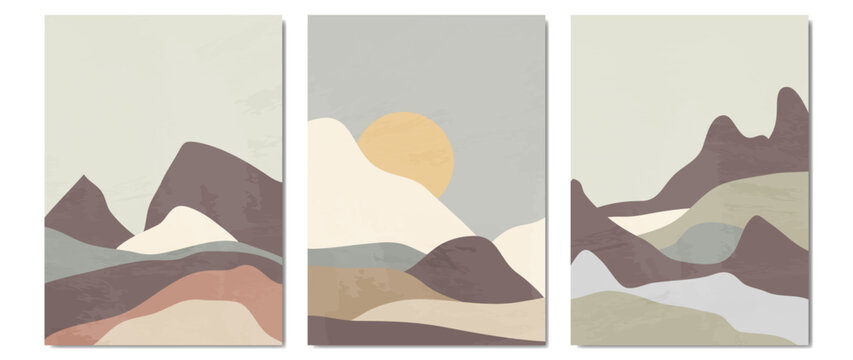 Set of abstract modern landscape posters in boho style. View of mountain hills with brush texture, watercolor. Earthy colors. background for decoration