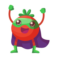 Fruit, berry and vegetable character as superheroes vector. Cartoon tomato with mask and capes isolated illustration. Diet, healthy food concept