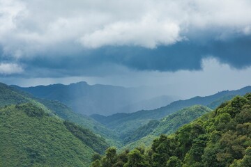 Naklejka premium Rainy Weather in Laos, Lao Nature on the way to the north. Beautiful mountain and forest. High quality photo