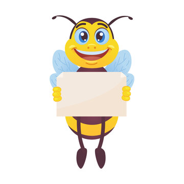 Happy bee. Funny mascot character, bumblebee flying, carrying honey, waving hello at hive isolated on white. Vector illustrations for beekeeping