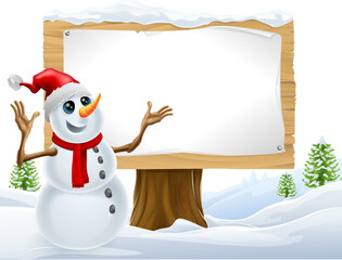 A snowman in Santa Claus hat Christmas snow sign landscape scene