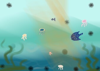 fish in the sea, under water.