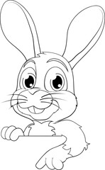 An Easter bunny rabbit cartoon character peeking around a sign