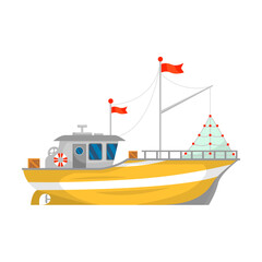 Fishing boat vector illustration. Fisherman trawler isolated on white. For food and seafood industry, marine job, transportation concept
