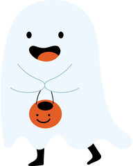 Funny Ghost Kid with Pumpkin Bucket Halloween Festival Cartoon Flat illustration