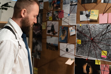 Detective looking at evidence board with crime scenes, photos of suspects and victims in office