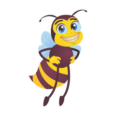 Happy bee. Bumblebee flying, carrying honey, waving hello at hive isolated on white. Vector illustrations for beekeeping, honey production, cartoon character concept