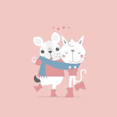 cute and lovely hand drawn cat and dog, happy valentine's day, flat vector illustration cartoon character costume design