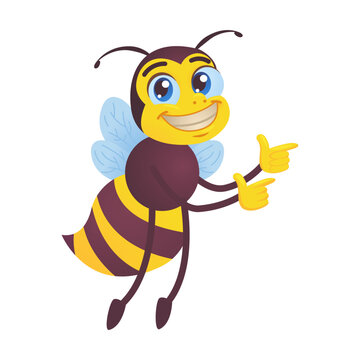 Happy bee. Funny character, bumblebee flying, carrying honey, waving hello at hive isolated on white. Vector illustrations for beekeeping, honey production, cartoon character concept